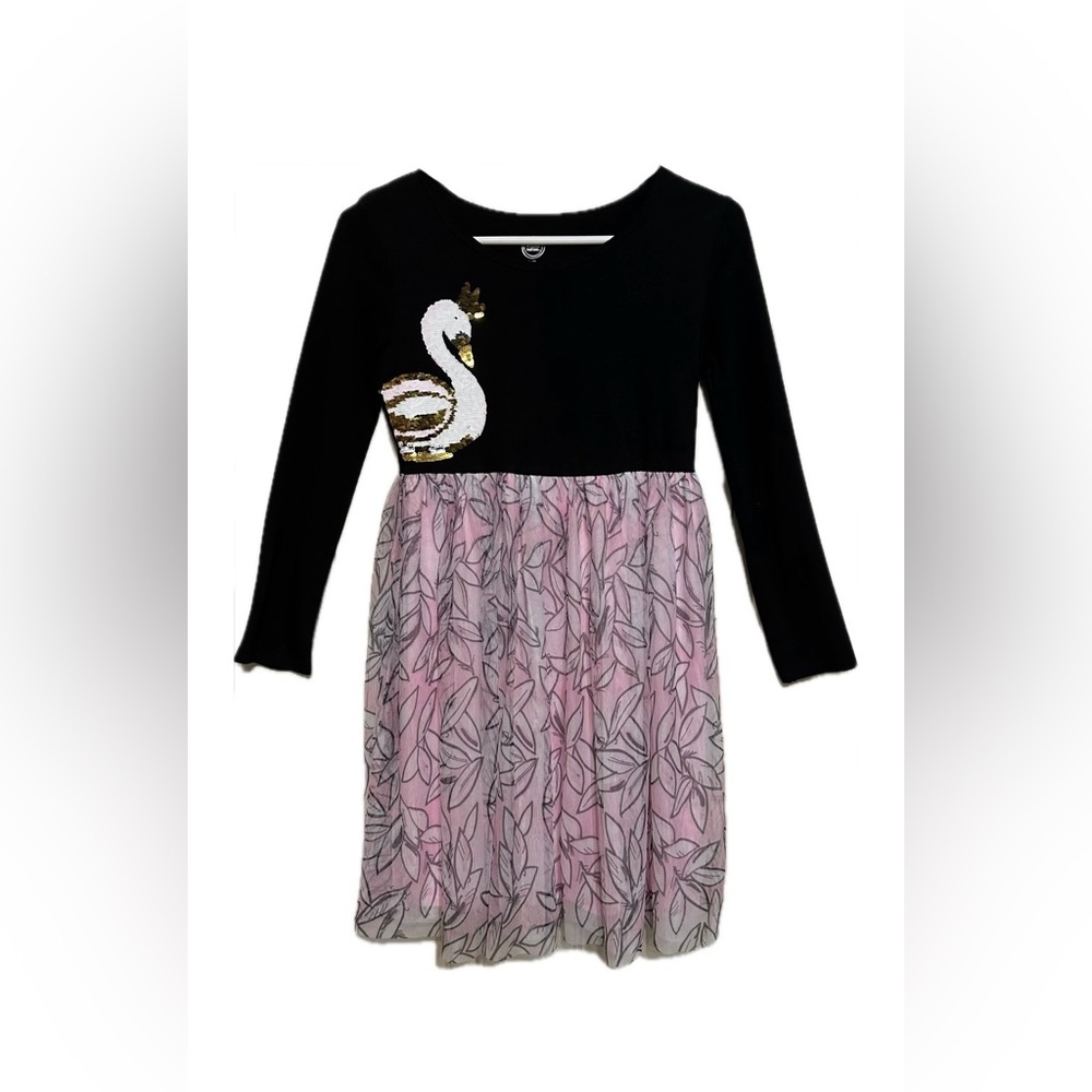 Wonder Nation Black and Pink Dress with Sequin Swan (Size Girls 10/12 Plus)